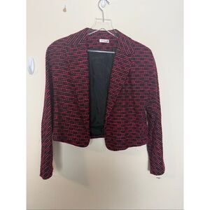 Ann May Red Black Size 6 Textured Cropped Jacket 100% Silk Open Front Blazer Eve